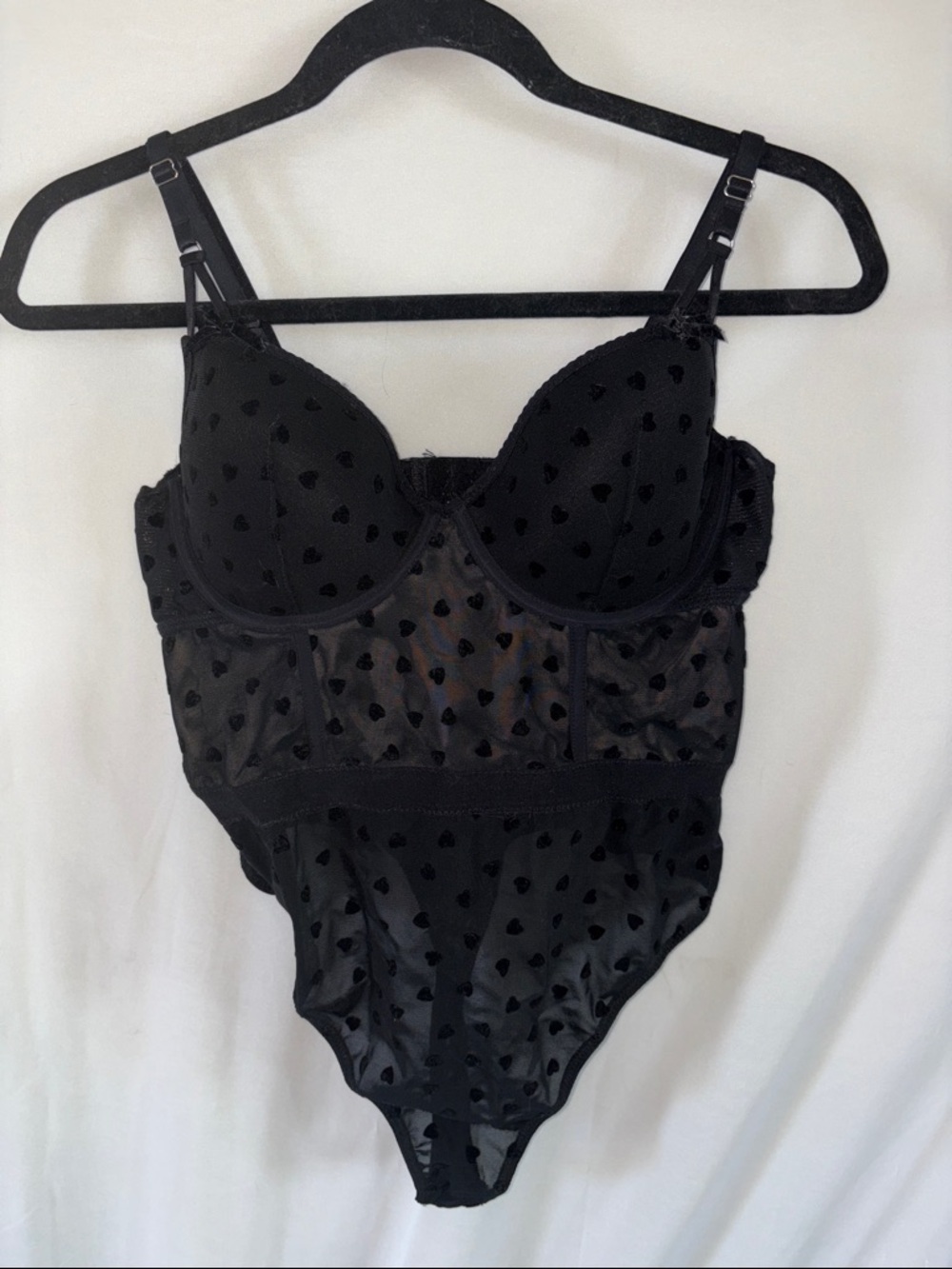 Black Heart Mesh Bodysuit with Sheer Polka Hearts